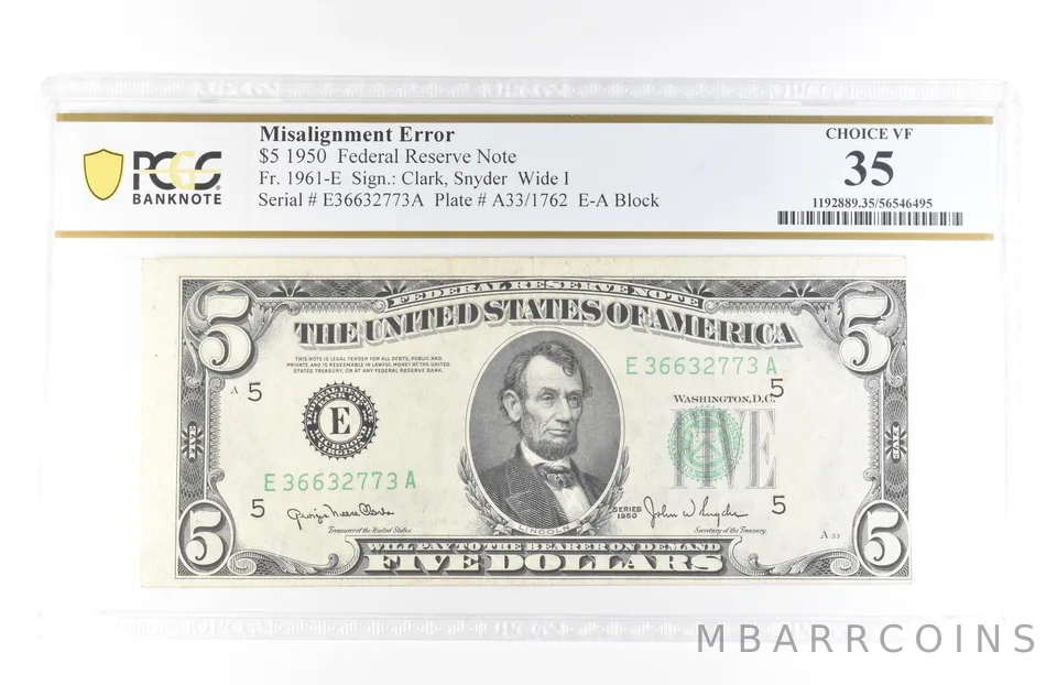 1950 $5 Richmond VA FRN Misalignment Error Fr#1961-E Choice VF 35 PCGS *5804