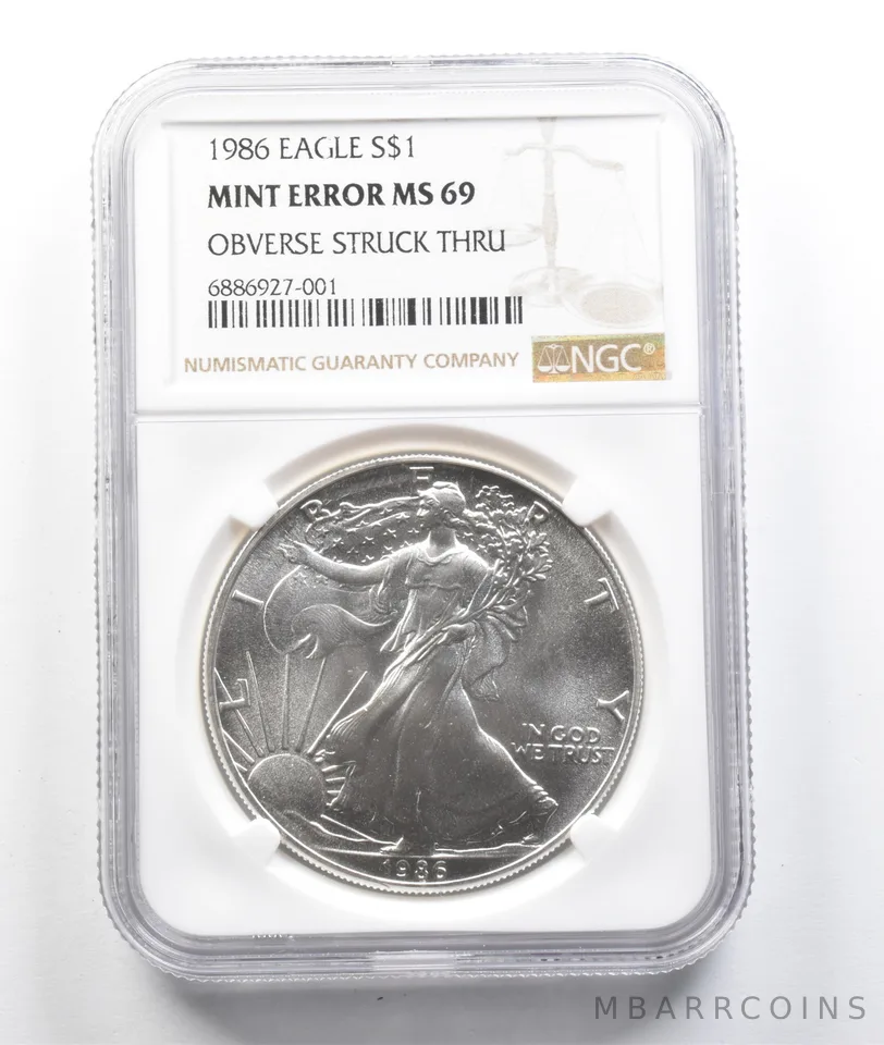 1986 American Silver Eagle Mint Error MS69 Obverse Struck Thru NGC a0531