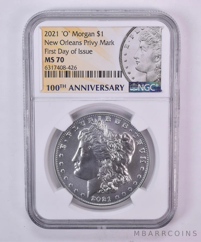 2021-O Morgan Silver Dollar FDOI MS70 NGC 100th Anniversary Label