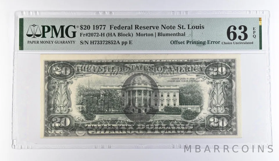 1977 $20 St Louis MO FRN OffPrinting Error Fr#2072-H Choice Unc 63 EPQ PMG *9459