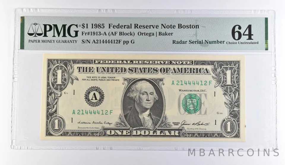 1985 $1 Boston MA FRN Radar S/N Fr#1913-A Choice Unc 64 PMG *9496
