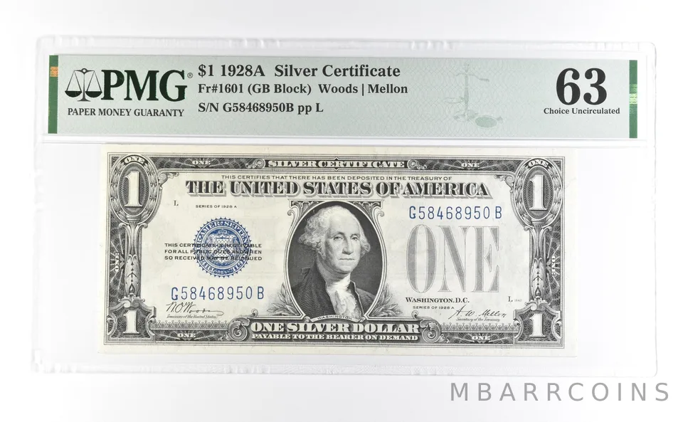 1928 A $1 Silver Certificate Fr#1601 Choice Unc 63 PMG *7004