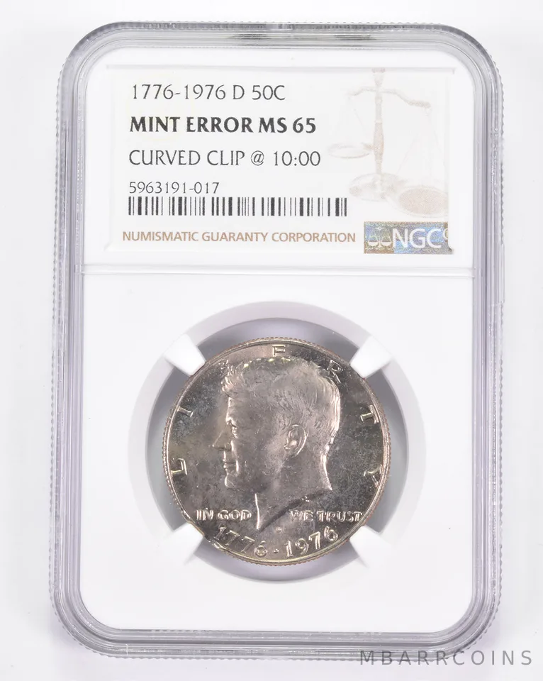 Mint Error MS65 1776-1976-D Kennedy Half Dollar - Curved Clip @ 10:00 NGC a8858