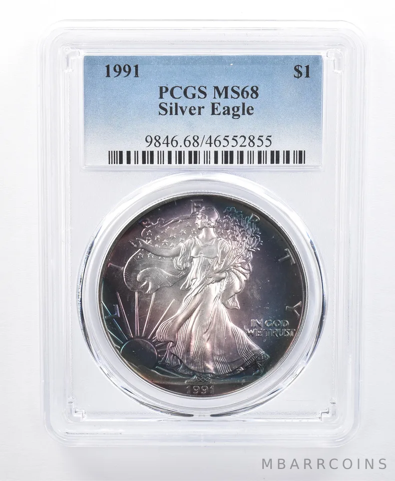 1991 American Silver Eagle MS68 PCGS Blue/Purple Tone *8598