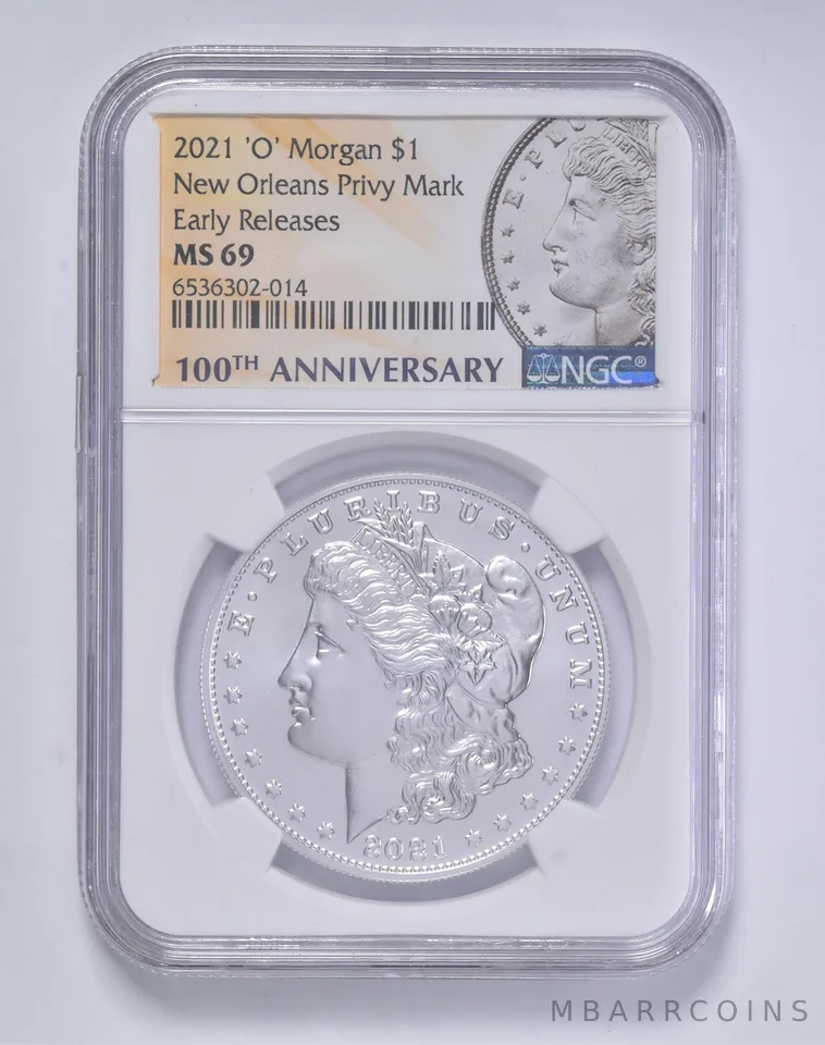2021-O Morgan Silver Dollar $1 MS69 NGC 100th Anniversary Lbl ER