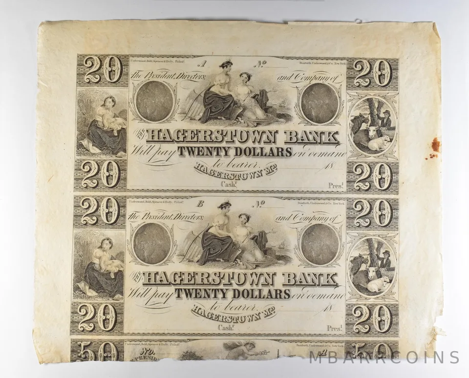 Lot (2) 1800s $20 Hagerstown MD Bank Obsolete Note Uncut *8701