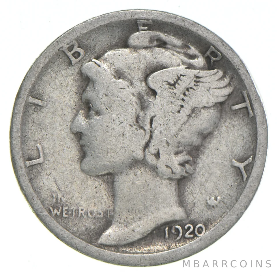 VG+ 1920-S Mercury 90% Silver Dime