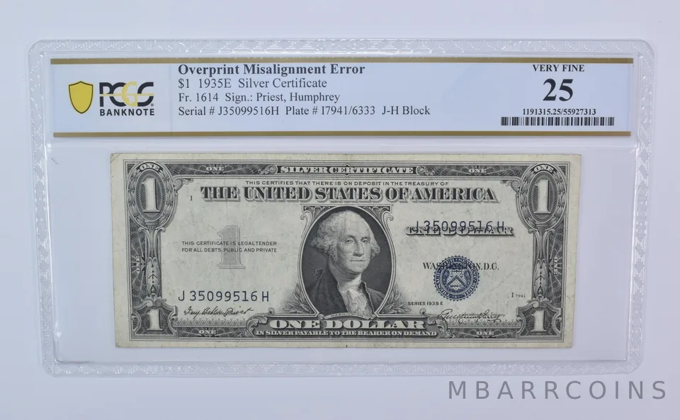 1935 E $1 Silver Certificate Fr#1614 Misalignment Error VF25 PCGS *8099