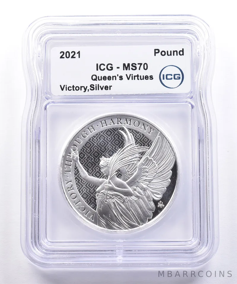 2021 St Helena 1 Pound Silver Queen's Virtues Victory 1 Oz MS70 ICG