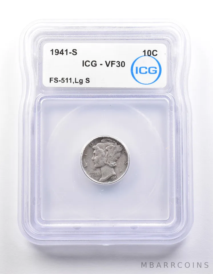 1941-S Mercury Dime FS-511 Large S VF30 ICG *9883