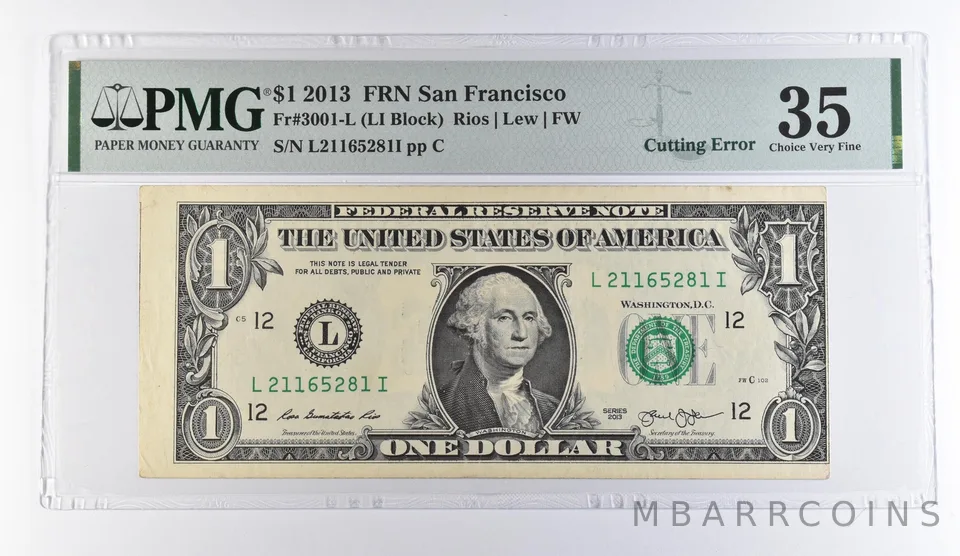 2013 $1 San Francisco CA FRN Cutting Error Fr#3001-L Choice VF 35 PMG *9494