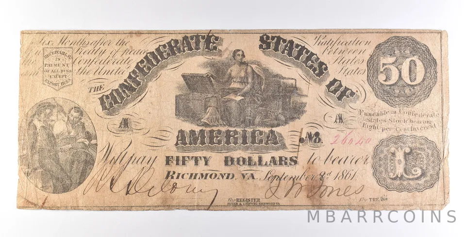 1861 $50 Confederate States Of America Note T14 a7271