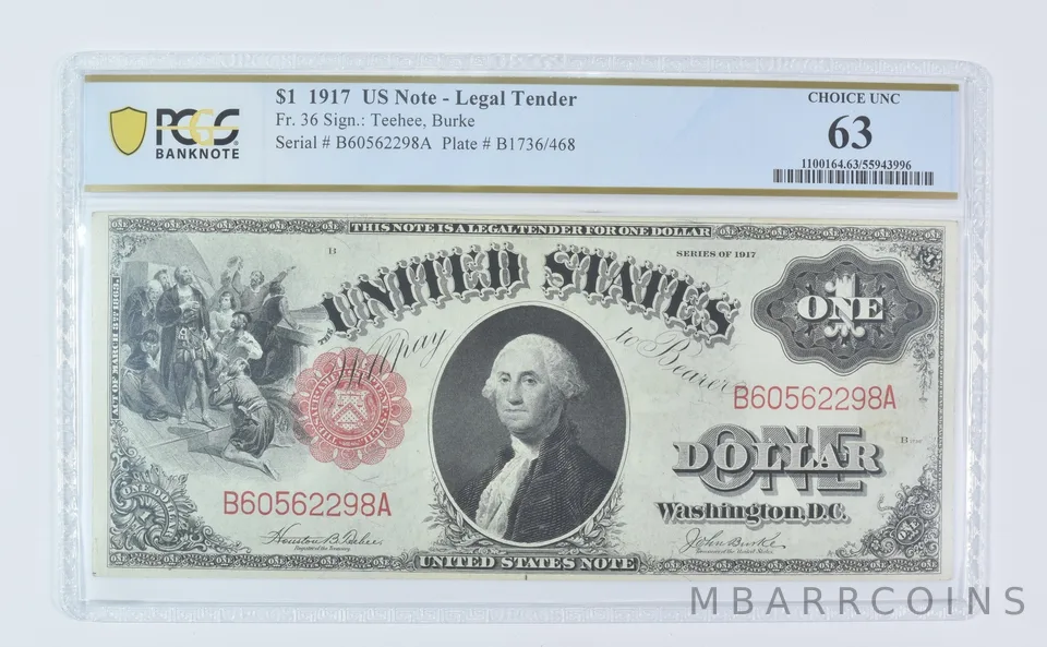 1917 $1 Legal Tender Fr#36 Large Note Choice Unc 63 PCGS *9539