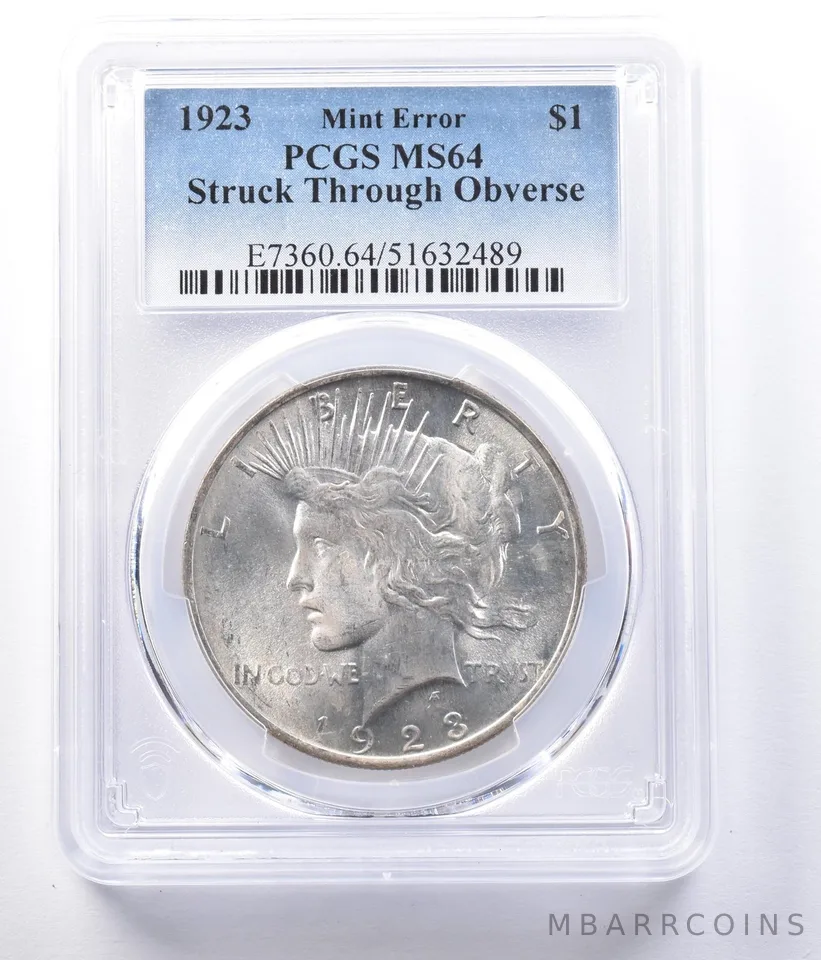 1923 Peace Silver Dollar Mint Error Struck Thru Reverse MS64 PCGS *9369
