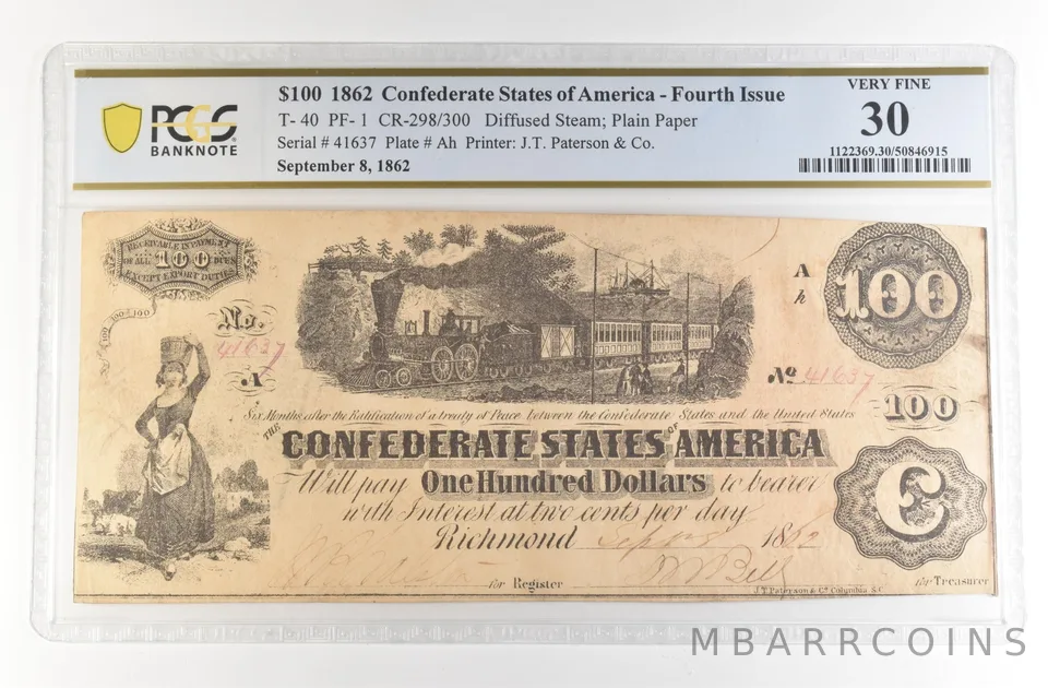 1862 $100 Confederate States America Large Note T-40 CR-298/300 VF 30 PCGS *4144