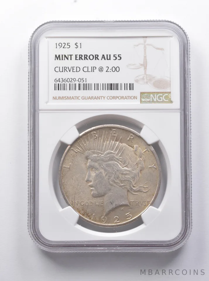 MINT ERROR AU55 1925 Peace Silver Dollar Curved Clip @ 2:00 NGC a7813