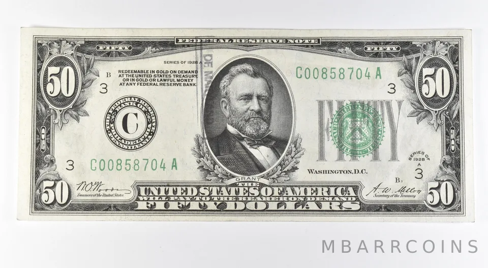 1928 A $50 Philadelphia PA FRN Gold Certificate Green Seal Fr#2101-C *9624