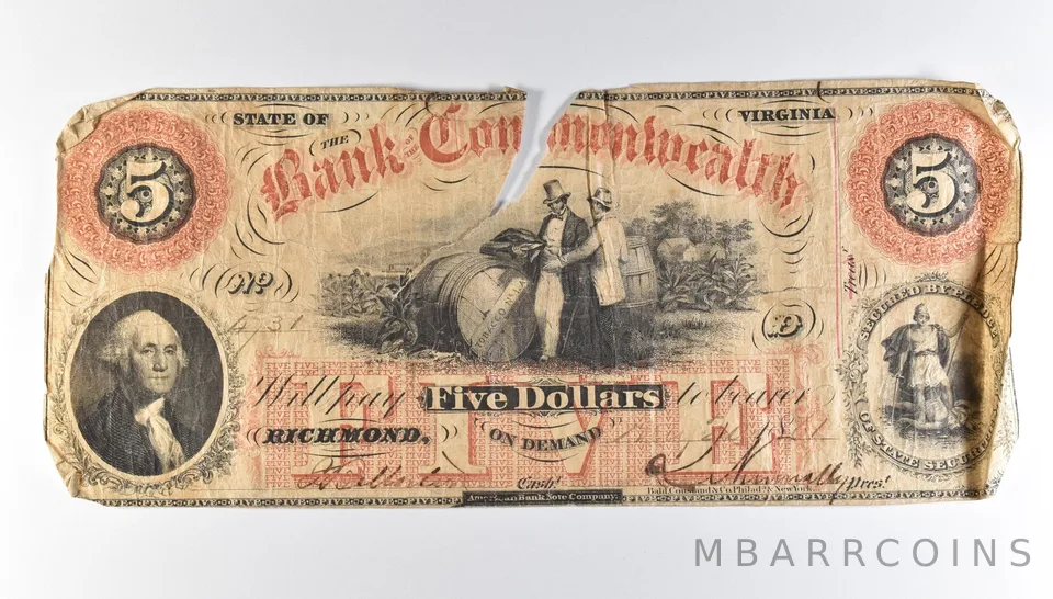 1861 $5 Virginia Bank Of The Commonwealth Obsolete Note *8218