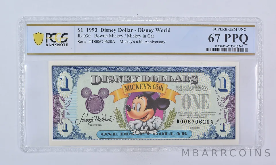 1993 $1 Disney Dollar Disney World Bowtie Mickey R-030 Gem Unc 67 PPQ PCGS
