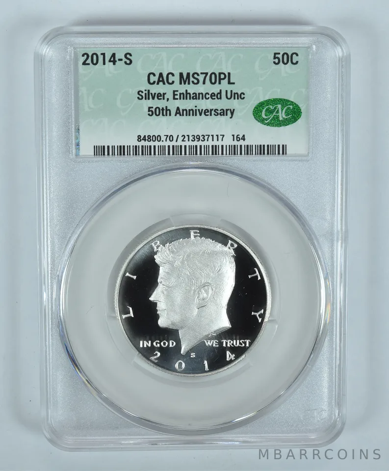 2014-S Kennedy Half Dollar Silver 50th Anniversary Enhanced MS70 PL CAC CACg