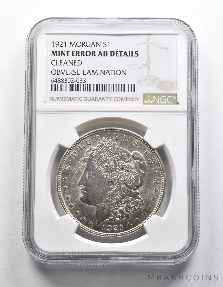 Mint Error AU Details 1921 Morgan Silver Dollar OBV Lamination NGC *1961