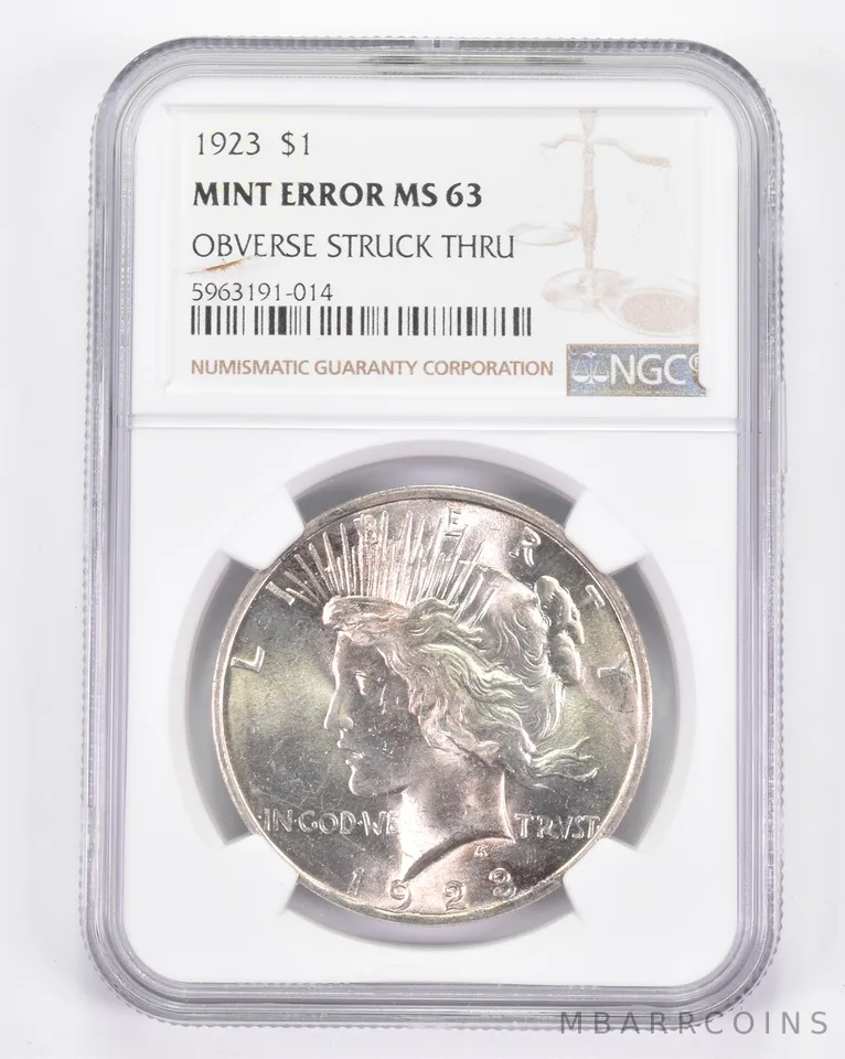 Mint Error MS63 1923 Peace Silver Dollar - OBV Struck Thru - Graded NGC *8855