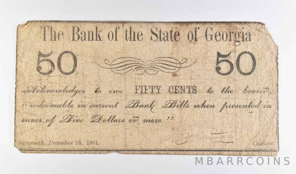 1861 50 Cents Savannah GA Bank Of The State Obsolete Note *8907