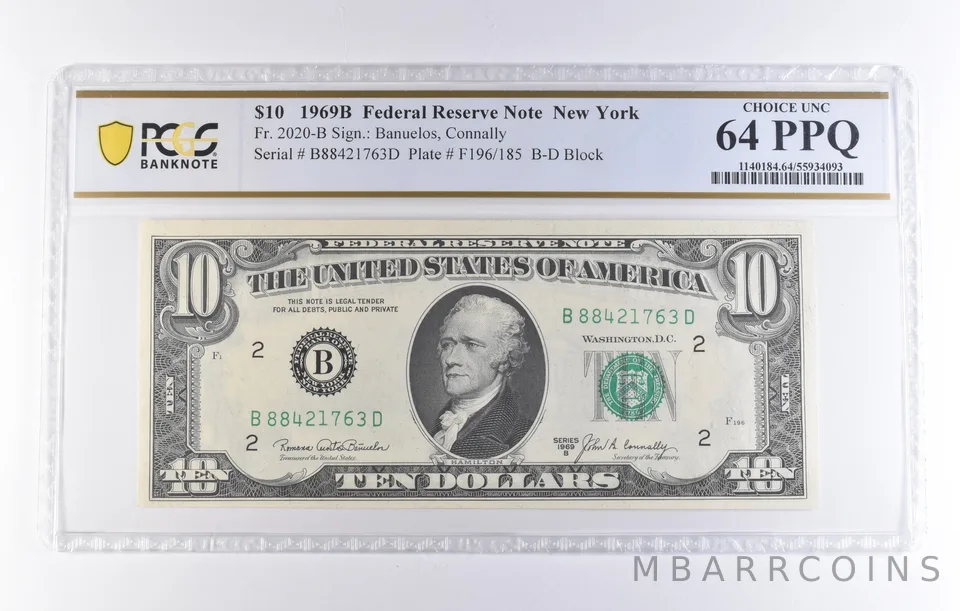 1969 B $10 New York NY FRN Fr#2020-B Choice Unc 64 PPQ PCGS *8291