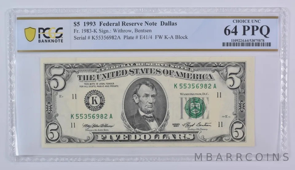 1993 $5 Dallas TX FRN Fr#1983-K Choice Unc 64 PPQ PCGS
