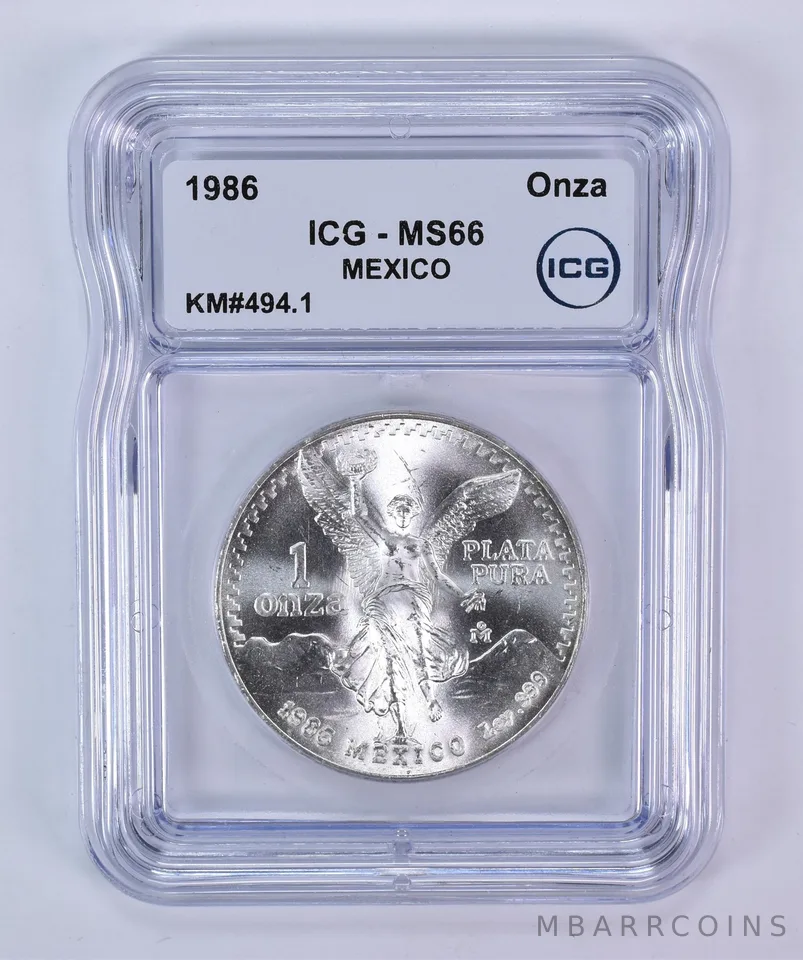 1986 Mo Mexico 1 Onza Silver Libertad KM#494.1 MS66 ICG
