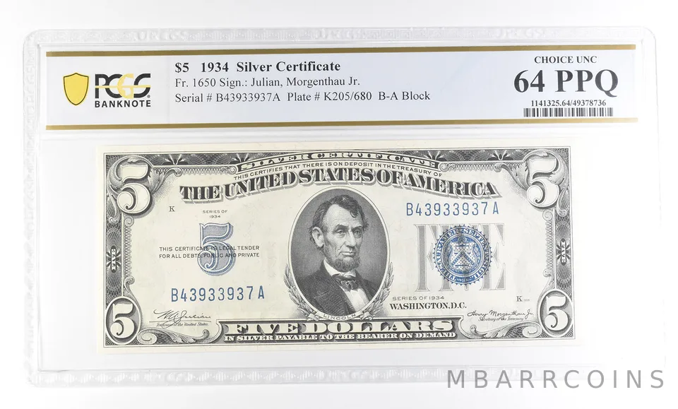 1934 $5 Silver Certificate Fr#1650 Choice Unc 64 PPQ PCGS a2823