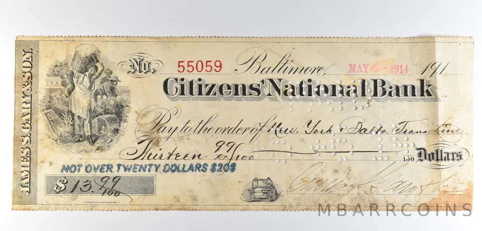 1914 Baltimore MD Citizens National Bank Check $13.99 *8542