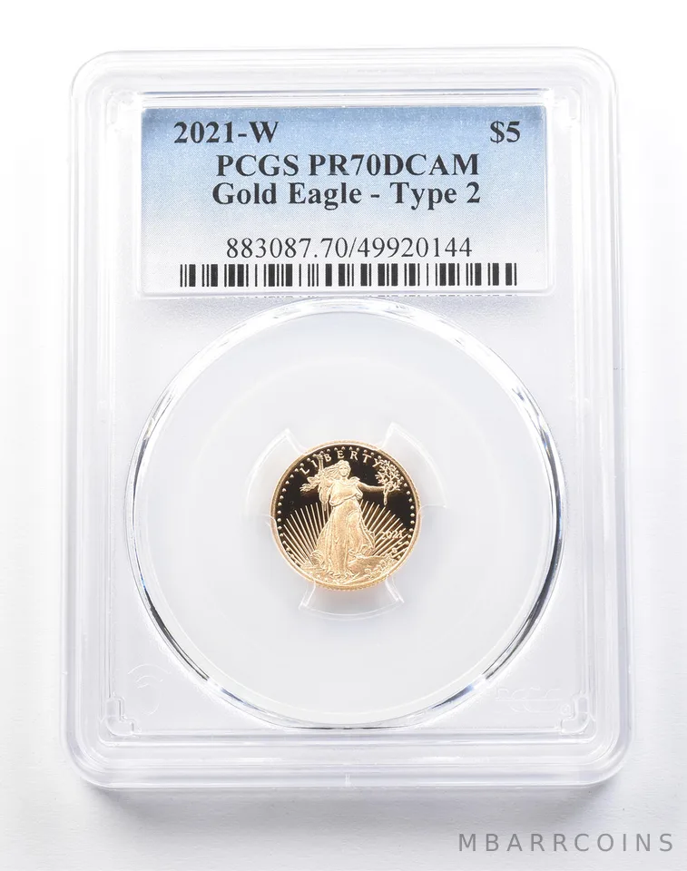 2021-W T2 $5 American Gold Eagle Type 2 - 1/10 Oz Gold PR70 DCAM PCGS
