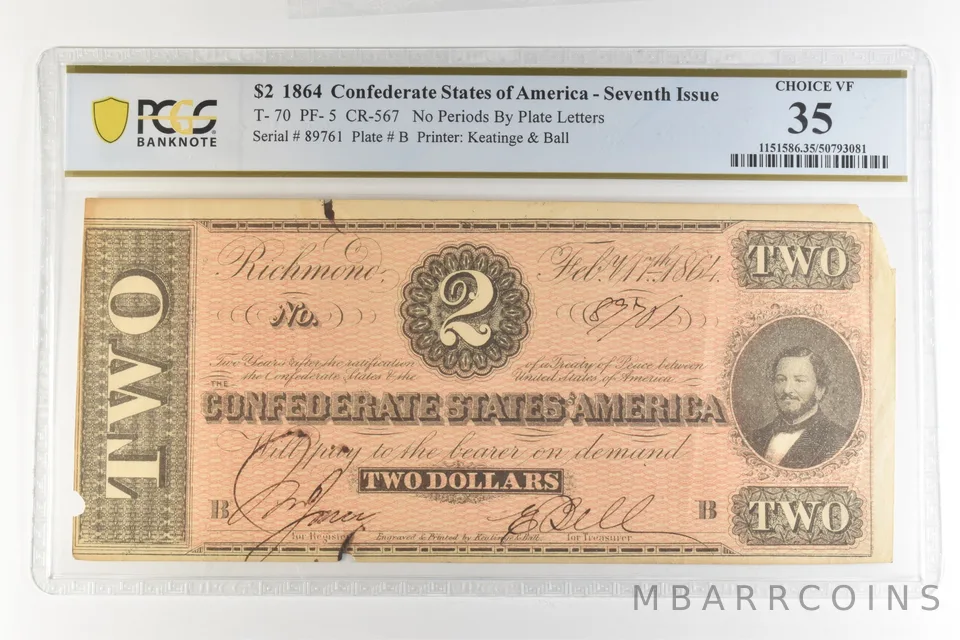 1864 $2 Confederate States America T-70 PF-5 CR-567 Choice VF 35 PCGS *4401