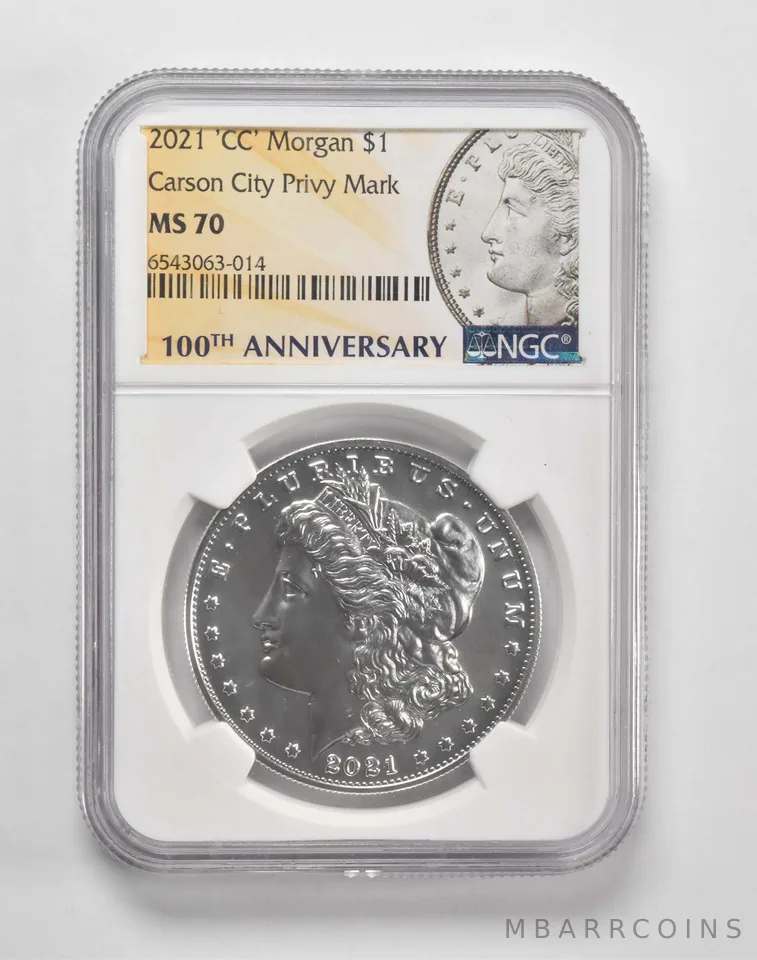 2021-CC Morgan Silver Dollar $1 MS70 NGC 100th Anniversary Lbl