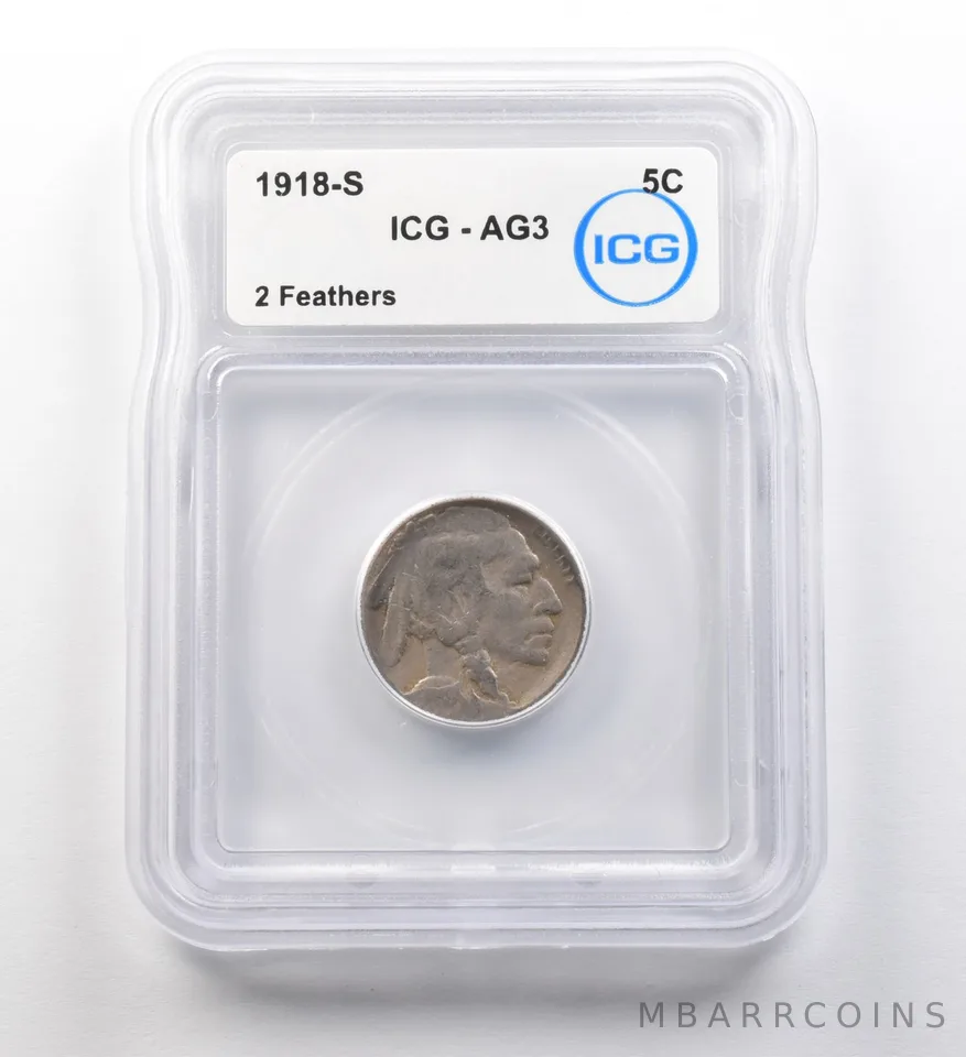 1918-S Indian Head Buffalo Nickel 2 Feathers AG3 ICG ERROR a8203