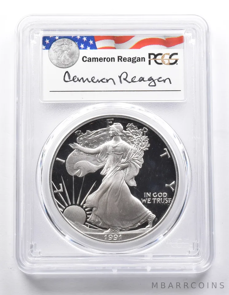 PR69 DCAM 1991-S American Silver Eagle Legacy Cameron Reagan Signed PCGS a6457