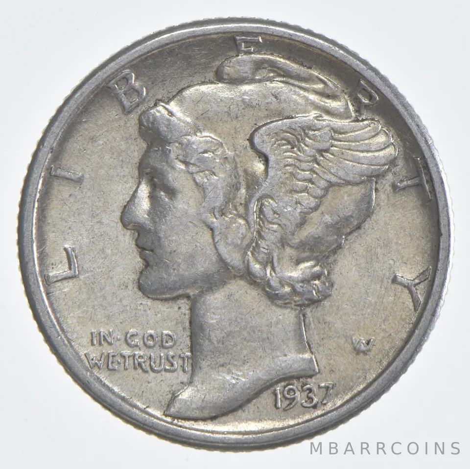 1937 (P) Mercury Dime 90% Silver AU Almost Unc