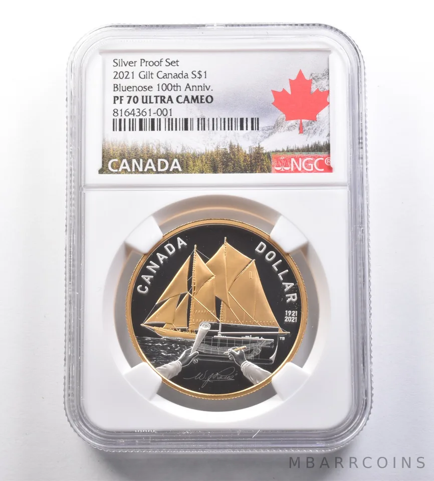 2021 Canada $1 Gilt Silver Proof Set Bluenose 100th Anniversary PF70 NGC *7082