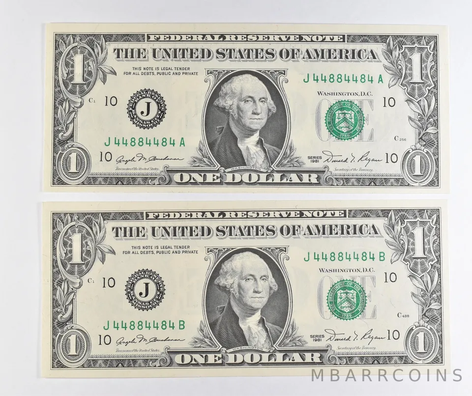 Lot (2) Matching Serial Numbers 1981 $1 Kansas City MO FRN *1728