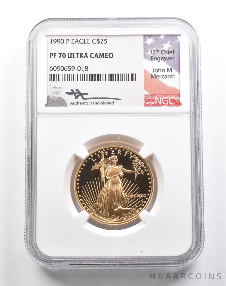 1990-P $25 American Gold Eagle Mercanti 1/2 Oz Gold PF70 UCAM NGC *5441