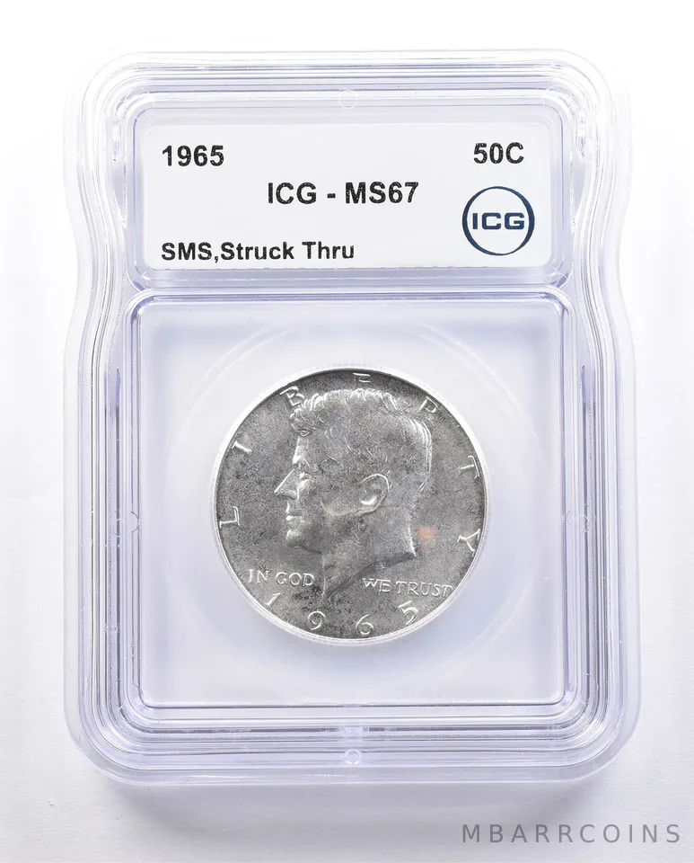 1965 Kennedy Half Dollar SMS Struck Thru MS67 ICG a2407