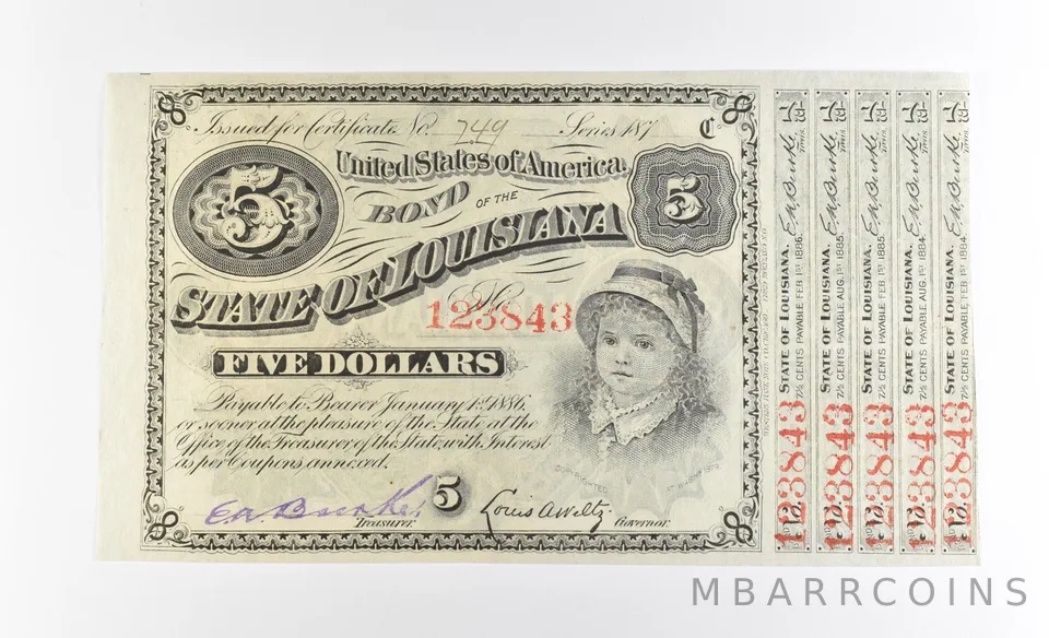 1870s $5 State of Louisiana 'Baby Bonds' US Obsolete Currency *3929