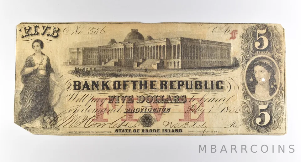 1856 $5 Providence RI Bank Of The Republic Obsolete Note *3784