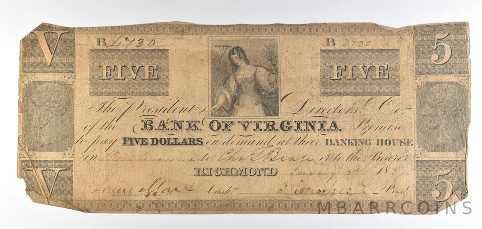 1857 $5 Richmond VA Bank Of Virginia Obsolete Note *8824