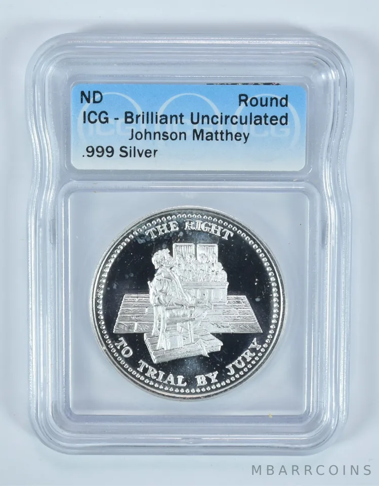 (ND) Silver Art Round 1 Oz Right To Trial By Jury Johnson Matthey BU ICG