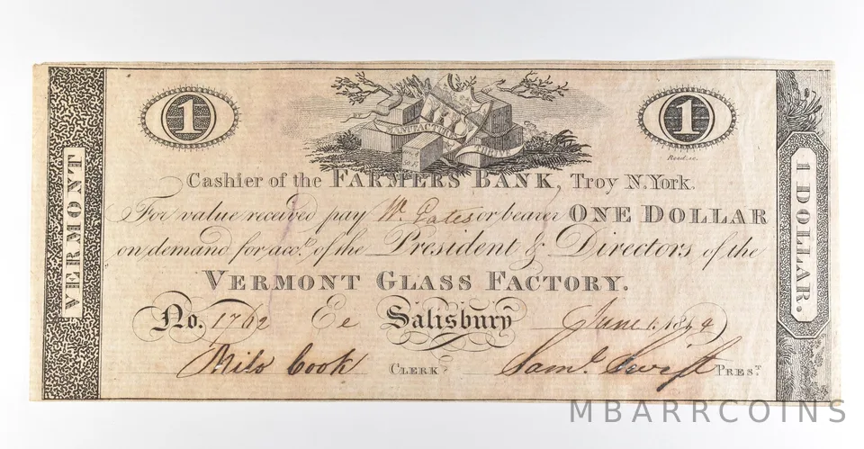1814 $1 Salisbury VT Vermont Glass Factory Obsolete Note *8460