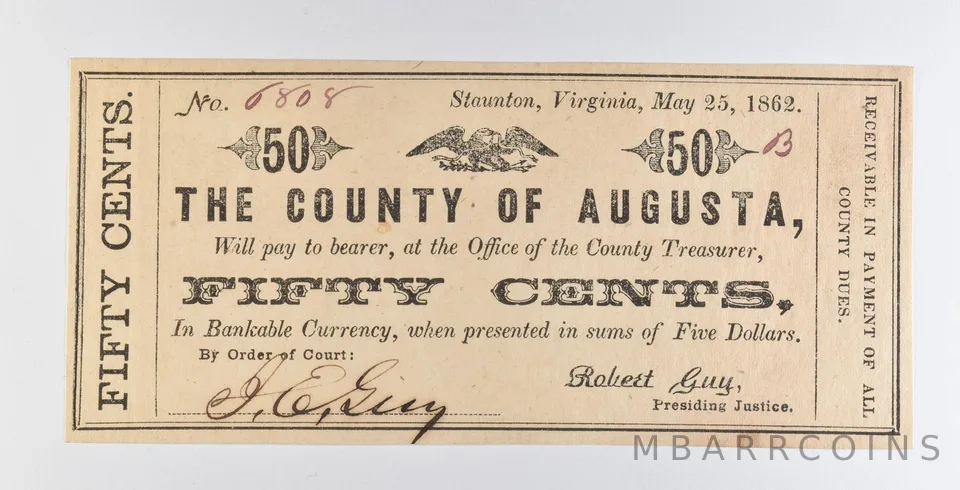 1862 50 Cents Staunton VA County Of Augusta Obsolete Note *8910