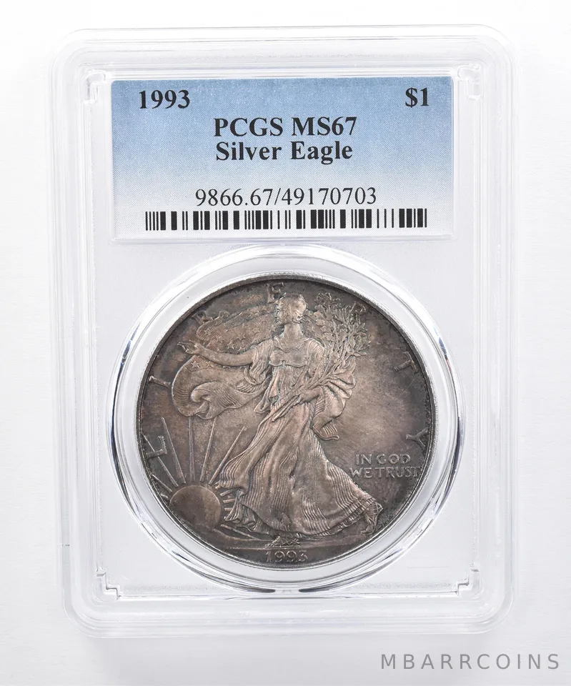 1993 American Silver Eagle MS67 PCGS Dark Green/Purple Tone *8518