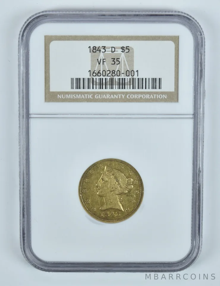 1843-D $5 Liberty Head Gold Half Eagle VF35 NGC *9562